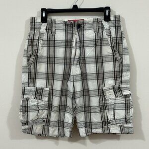 Vintage Levi’s Men’s Cargo Shorts Size 30 White Gray Plaid Pockets Red Tag